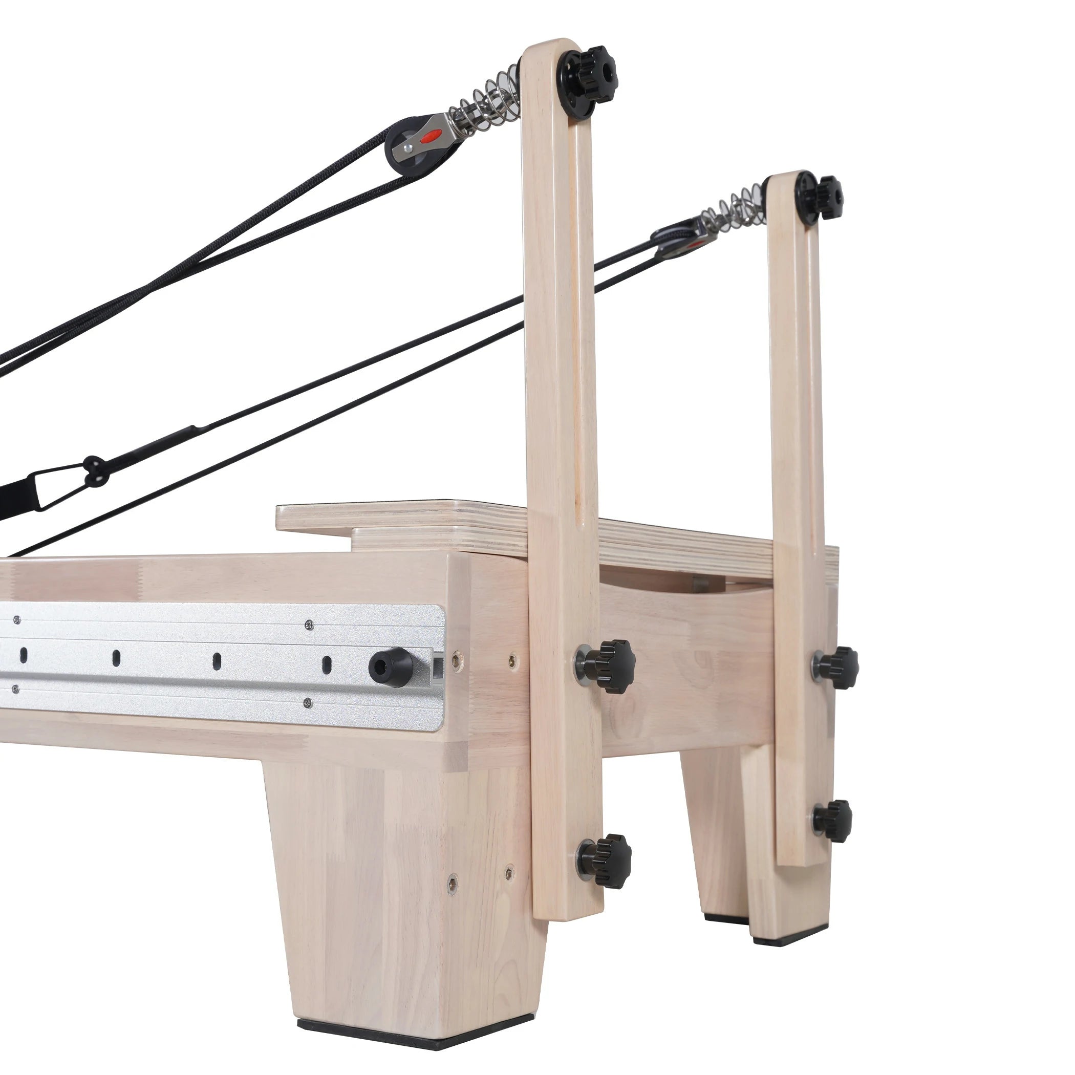 Reformeur Pilates avec chariot en chêne à rail complet et glissière fendue noir